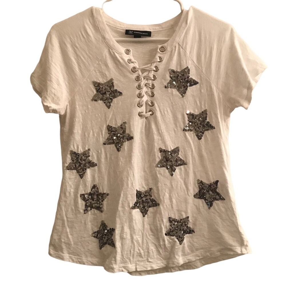 INC white & Silver Sequined Stars with tie front T-shirt Size Small